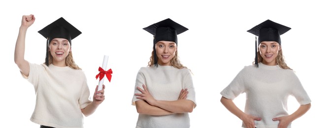 Image of Happy student in mortarboard, collage of portraits on white background