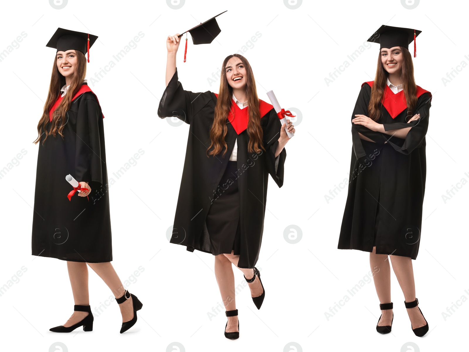Image of Happy student in graduation gown and mortarboard, collage of portraits on white background