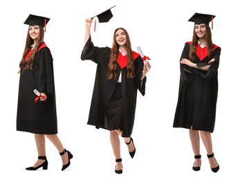 Image of Happy student in graduation gown and mortarboard, collage of portraits on white background