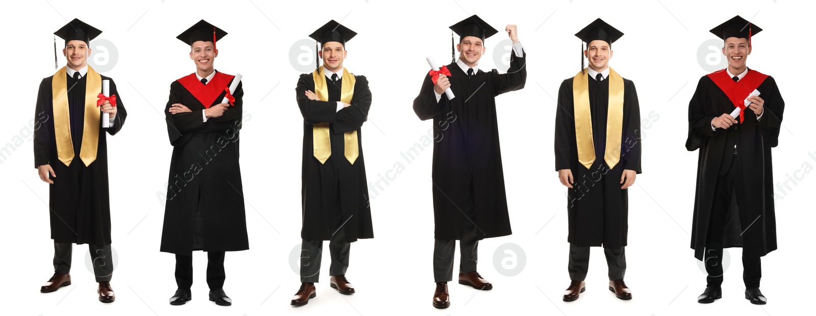 Image of Happy students in graduation gowns and mortarboards, collage of portraits on white background