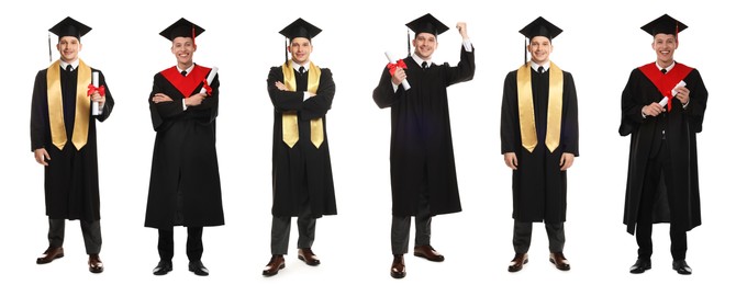 Image of Happy students in graduation gowns and mortarboards, collage of portraits on white background