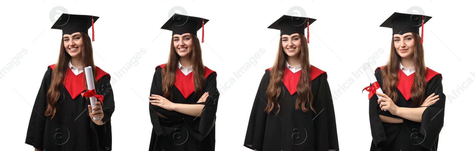 Image of Happy student in graduation gown and mortarboard, collage of portraits on white background