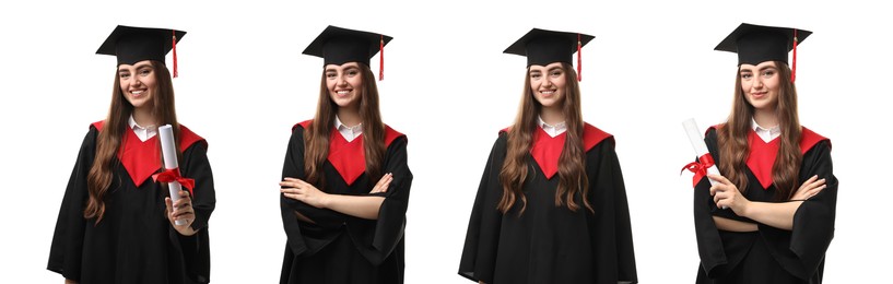 Image of Happy student in graduation gown and mortarboard, collage of portraits on white background