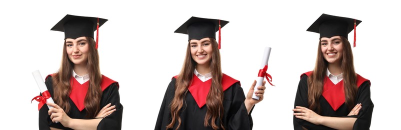 Image of Happy student in graduation gown and mortarboard, collage of portraits on white background