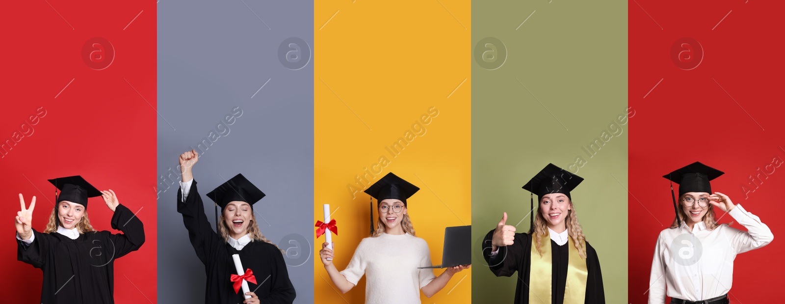 Image of Happy student in graduation gowns and mortarboard, collage of portraits on different colors backgrounds