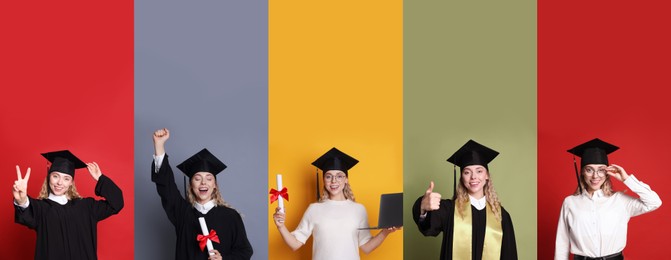 Image of Happy student in graduation gowns and mortarboard, collage of portraits on different colors backgrounds
