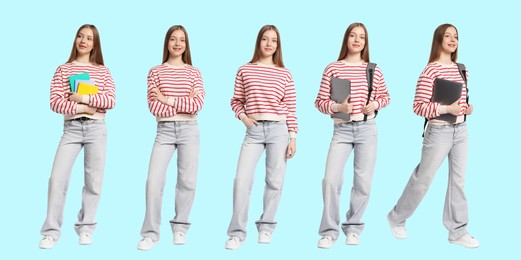 Image of Teenage girl on light blue background, collection of portraits
