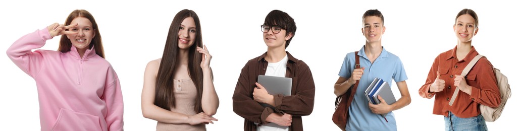 Image of Teenagers on white background, collection of portraits