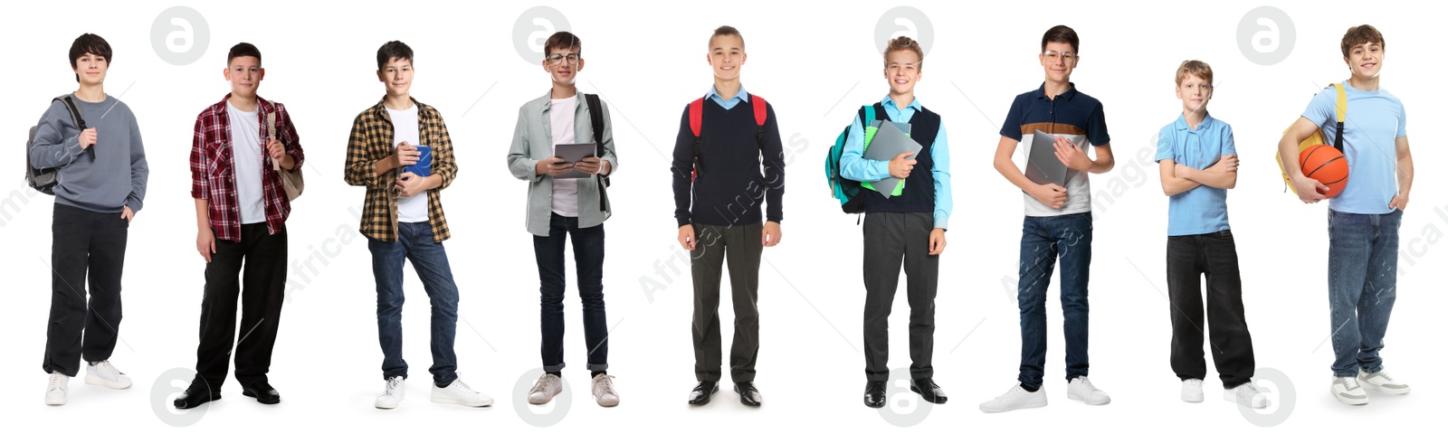 Teenage boys on white background, collection of portraits Image of Teenage boys on white background, collection of portraits