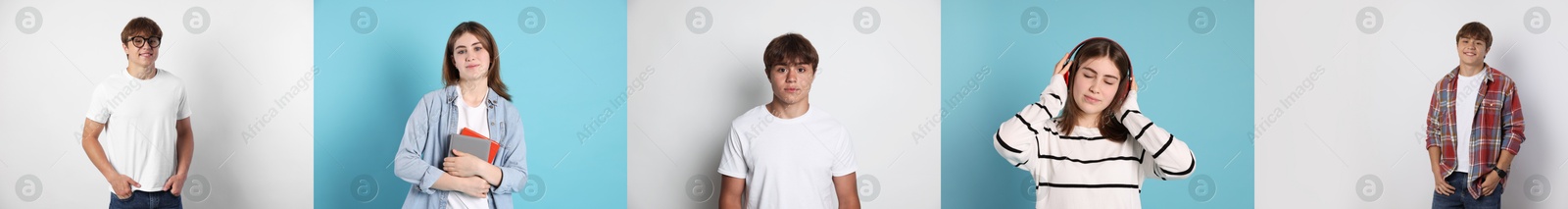 Image of Teenagers on different colors backgrounds, collection of portraits