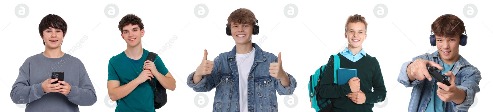 Teenage boys on white background, collection of portraits Image of Teenage boys on white background, collection of portraits