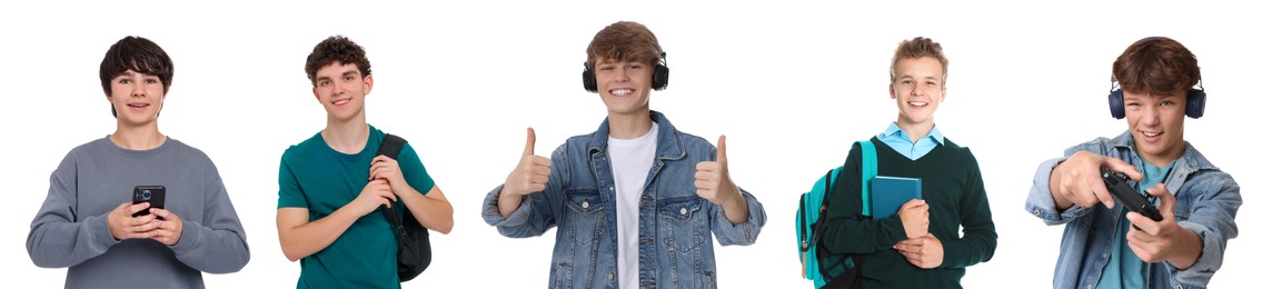 Image of Teenage boys on white background, collection of portraits