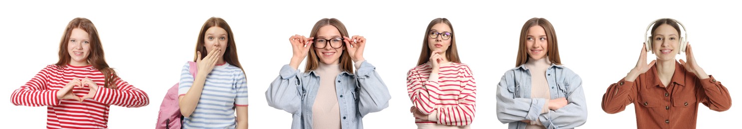 Image of Teenage girls on white background, collection of portraits