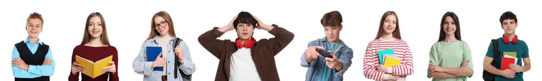 Image of Teenagers on white background, collection of portraits
