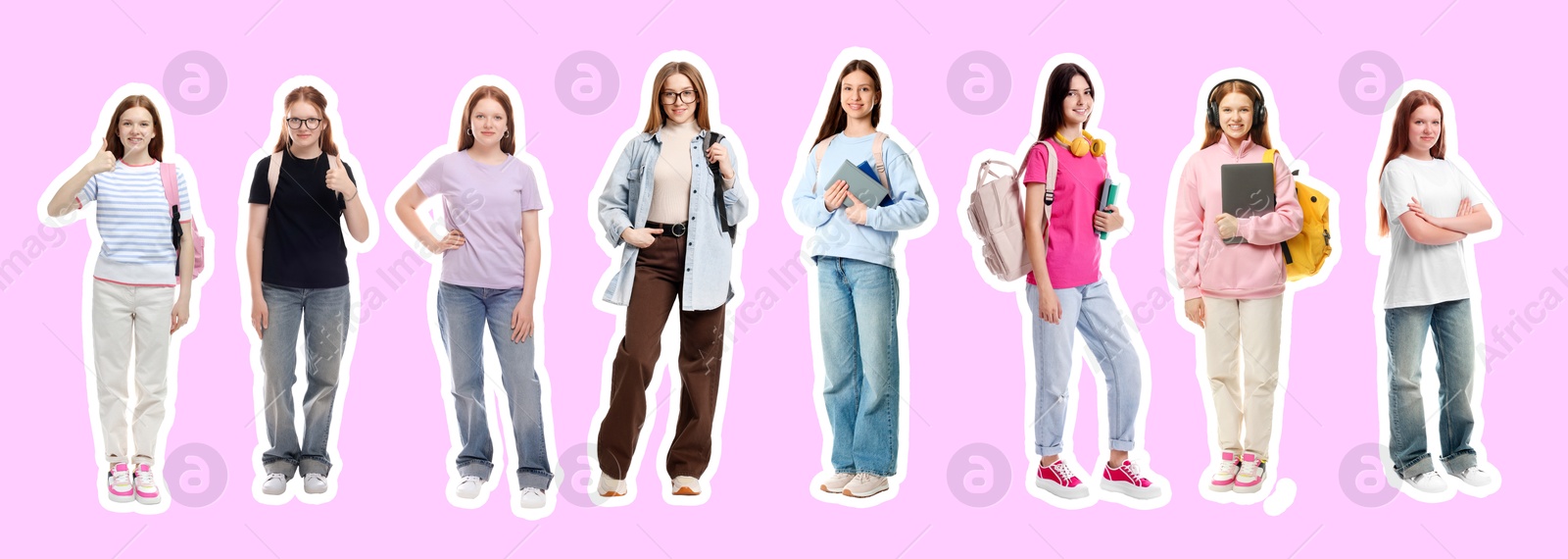 Teenage girls on violet background, collection of portraits with outlines Image of Teenage girls on violet background, collection of portraits with outlines
