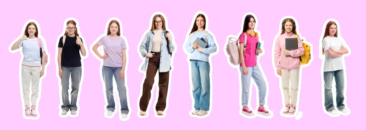 Image of Teenage girls on violet background, collection of portraits with outlines