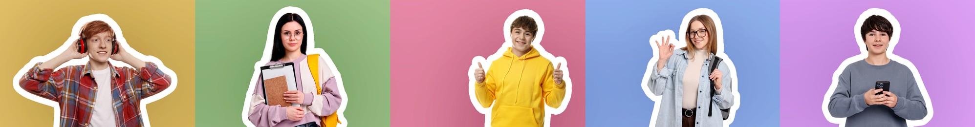 Image of Teenagers on different colors backgrounds, collection of portraits with outlines
