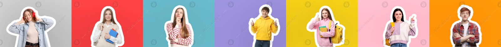 Teenagers on different colors backgrounds, collection of portraits with outlines Image of Teenagers on different colors backgrounds, collection of portraits with outlines
