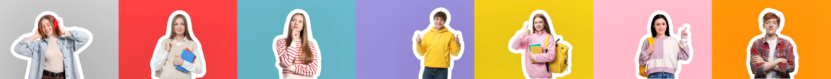 Image of Teenagers on different colors backgrounds, collection of portraits with outlines