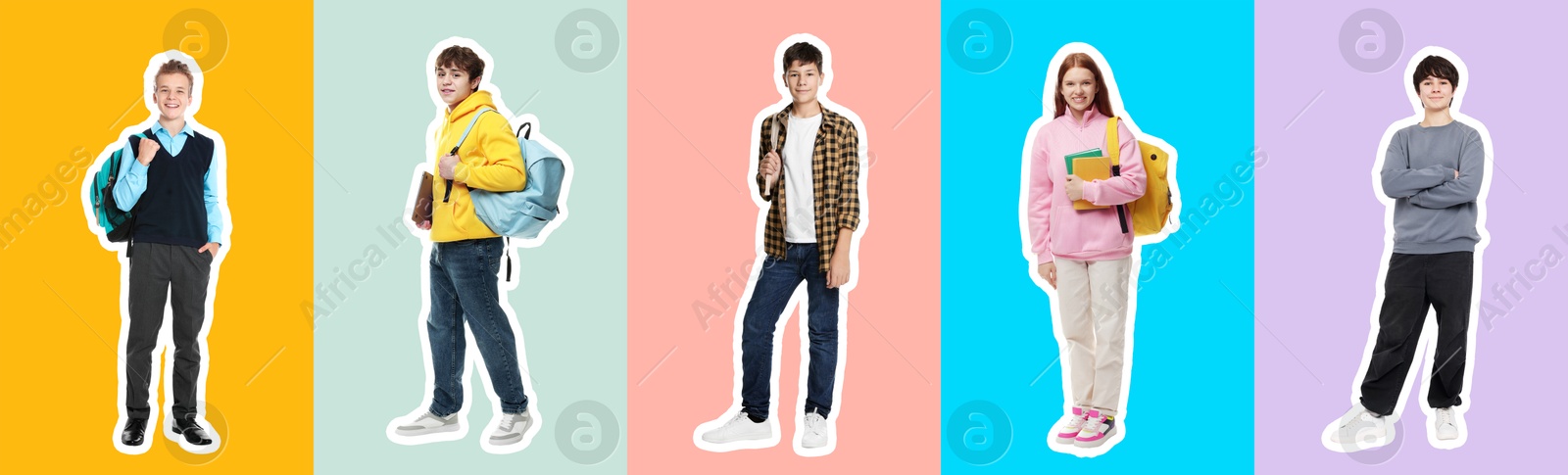Teenagers on different colors backgrounds, collection of portraits with outlines Image of Teenagers on different colors backgrounds, collection of portraits with outlines