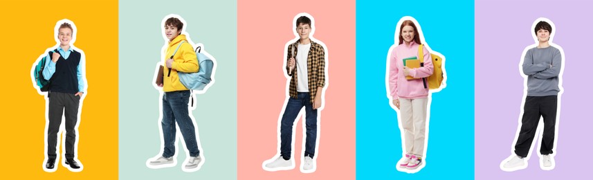 Image of Teenagers on different colors backgrounds, collection of portraits with outlines