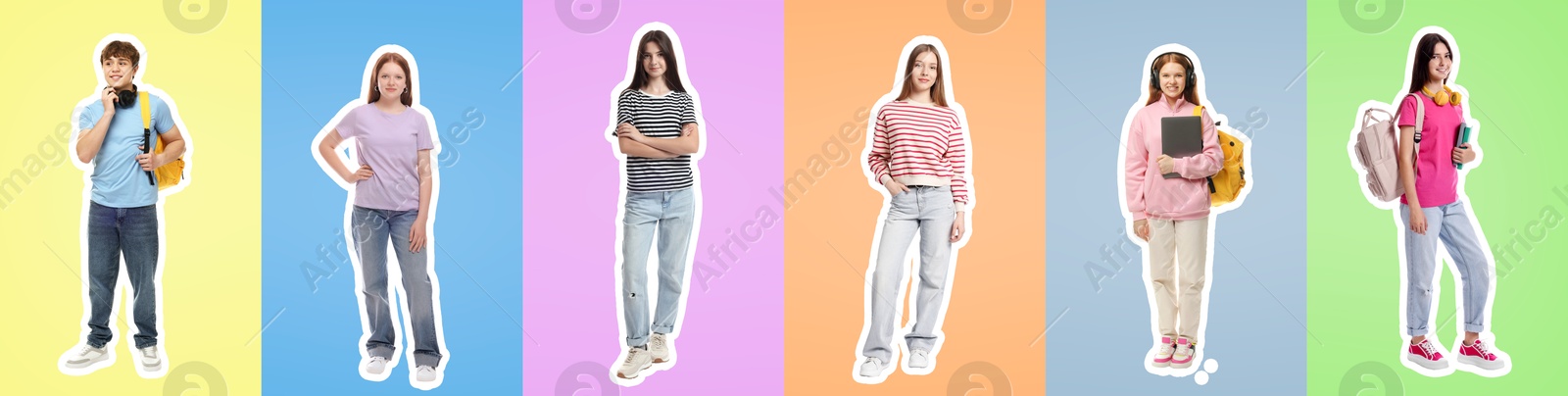 Teenagers on different colors backgrounds, collection of portraits with outlines Image of Teenagers on different colors backgrounds, collection of portraits with outlines