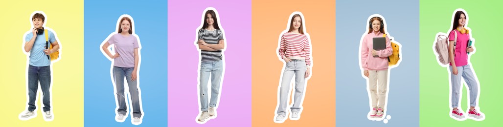 Image of Teenagers on different colors backgrounds, collection of portraits with outlines