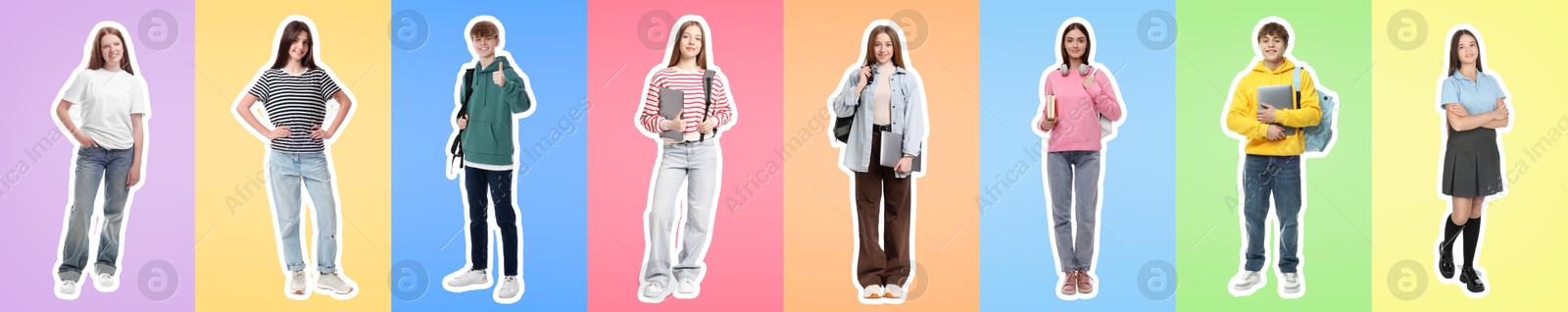 Teenagers on different colors backgrounds, collection of portraits with outlines Image of Teenagers on different colors backgrounds, collection of portraits with outlines