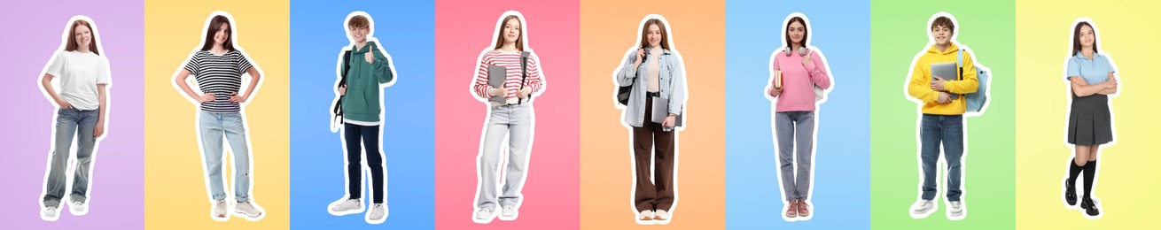 Image of Teenagers on different colors backgrounds, collection of portraits with outlines