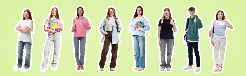 Image of Teenage girls and boy on light green background, collection of portraits with outlines