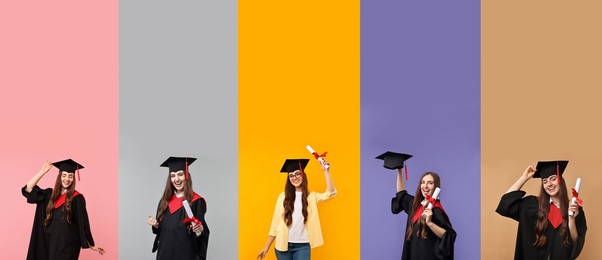 Image of Happy student in graduation gown and mortarboard, collage of portraits on different colors backgrounds
