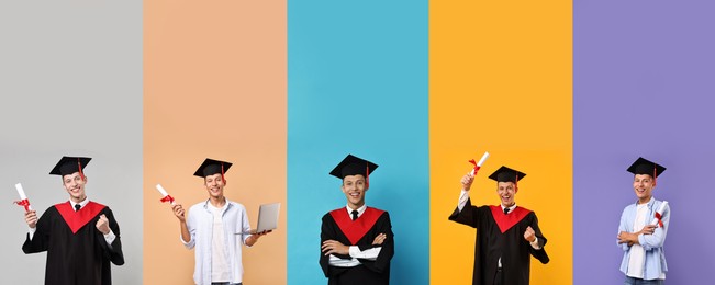 Image of Happy student in graduation gown and mortarboard, collage of portraits on different colors backgrounds