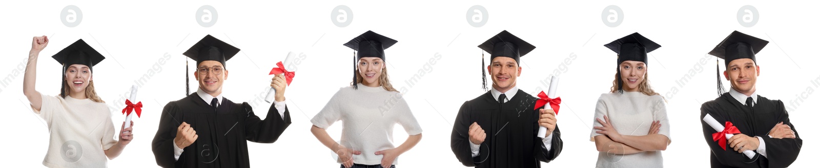 Image of Happy students in graduation gown and mortarboards, collage of portraits on white background