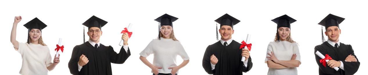 Image of Happy students in graduation gown and mortarboards, collage of portraits on white background