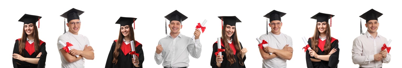 Image of Happy students in graduation gown and mortarboards, collage of portraits on white background