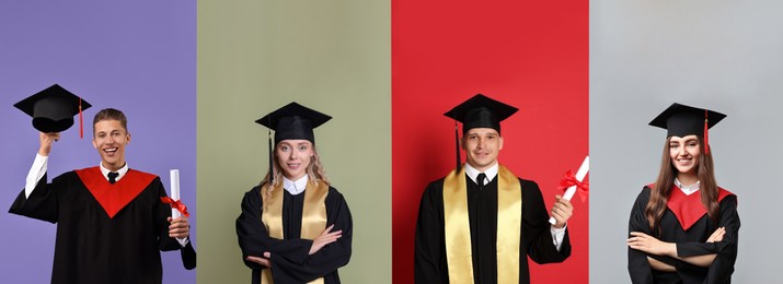 Image of Happy student in graduation gowns and mortarboards, collage of portraits on different colors backgrounds