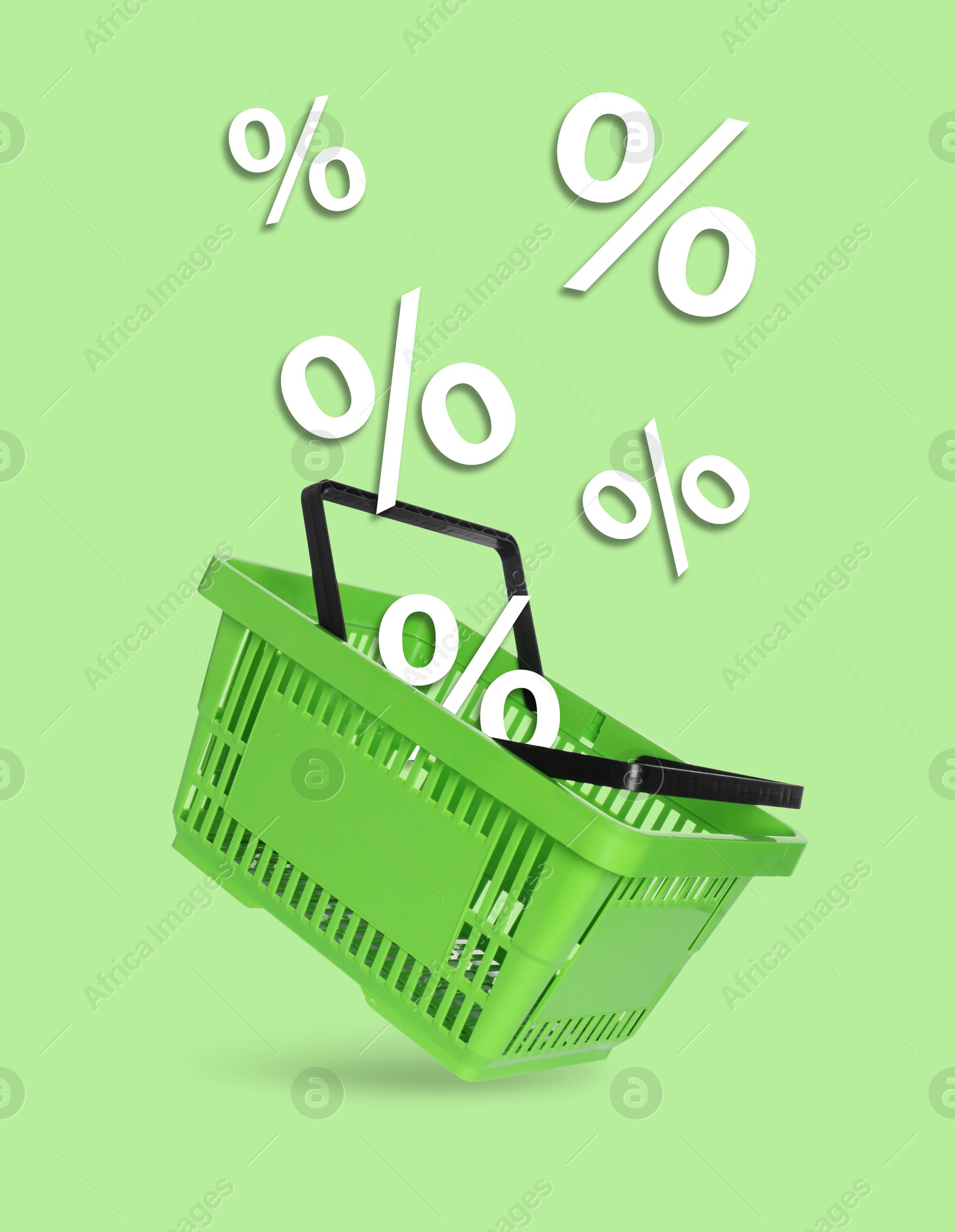 Hot sale, special offer. Percent signs flying out of shopping basket against light green background Image of Hot sale, special offer. Percent signs flying out of shopping basket against light green background