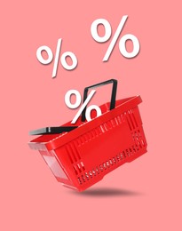 Image of Hot sale, special offer. Percent signs flying out of shopping basket against pink background