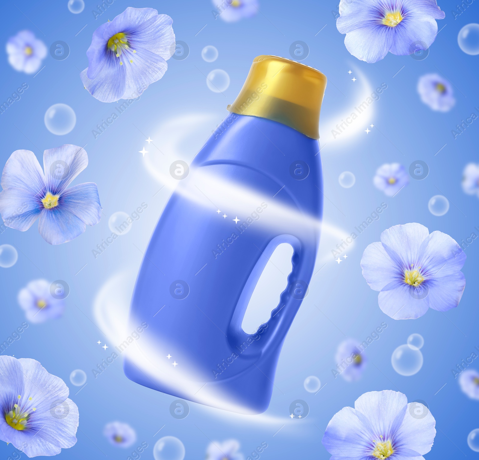 Fabric softener advertising poster. Bottle of conditioner, bubbles and flowers flying against blue gradient background Image of Fabric softener advertising poster. Bottle of conditioner, bubbles and flowers flying against blue gradient background