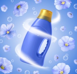Image of Fabric softener advertising poster. Bottle of conditioner, bubbles and flowers flying against blue gradient background