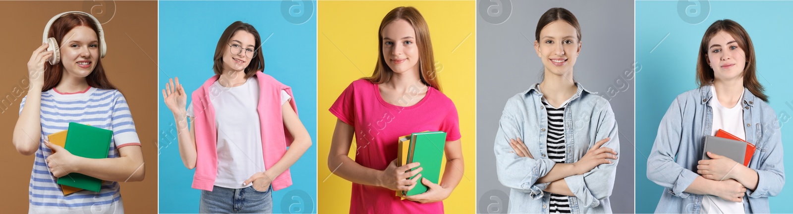 Teenage girls on different colors backgrounds, collection of portraits Image of Teenage girls on different colors backgrounds, collection of portraits