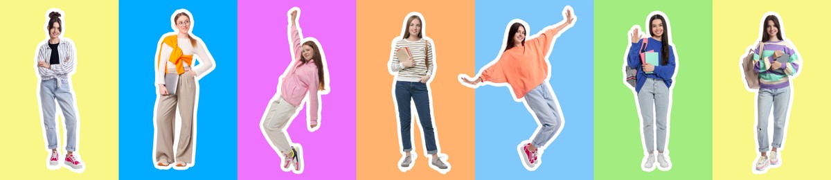 Image of Teenage girls on different colors backgrounds, collection of portraits with outlines