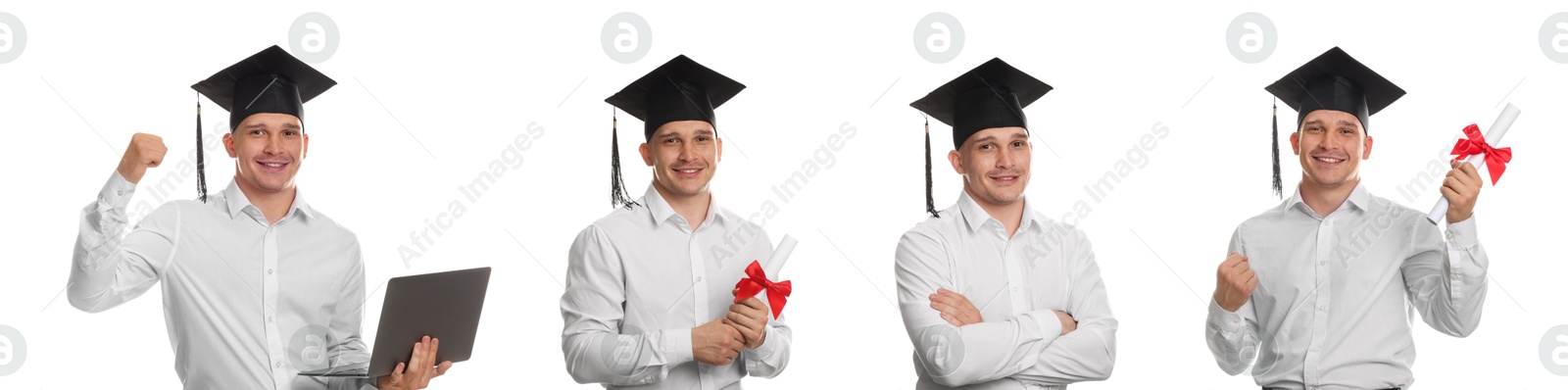 Image of Happy student in mortarboard, collage of portraits on white background