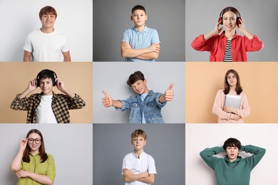 Image of Teenagers on different colors backgrounds, collection of portraits