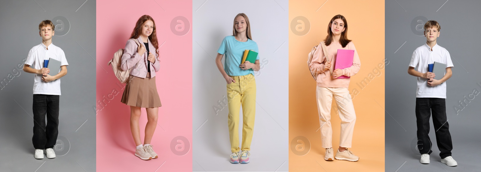 Image of Teenagers on different colors backgrounds, collection of portraits