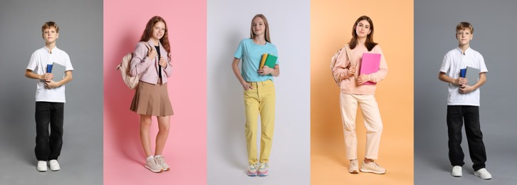 Image of Teenagers on different colors backgrounds, collection of portraits