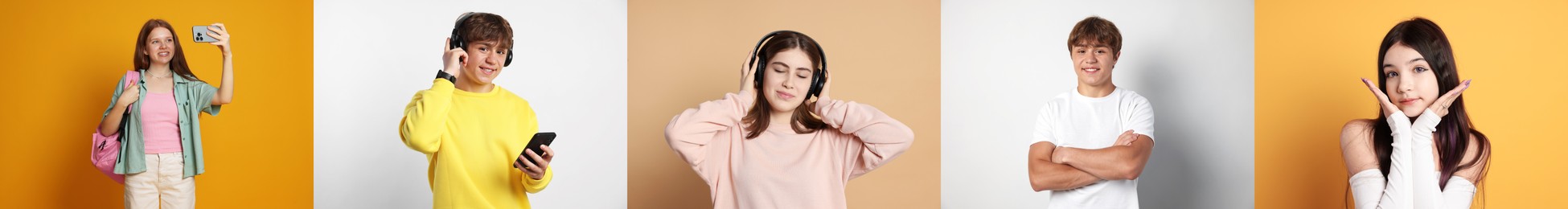 Image of Teenagers on different colors backgrounds, collection of portraits