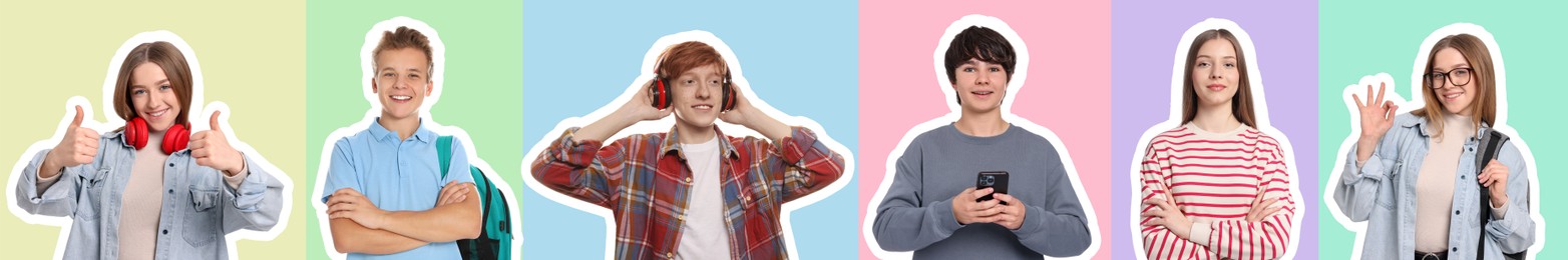 Image of Teenagers on different colors backgrounds, collection of portraits with outlines