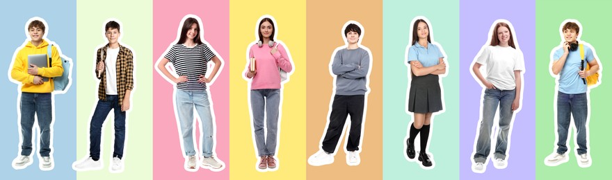 Image of Teenagers on different colors backgrounds, collection of portraits with outlines