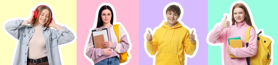 Image of Teenagers on different colors backgrounds, collection of portraits with outlines